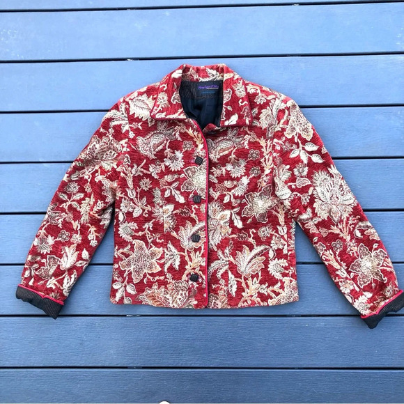 Woven Tapestry Jacket Handmade Jacquard Coat Red Floral Small Mary Lynn O’Shea - Picture 9 of 13